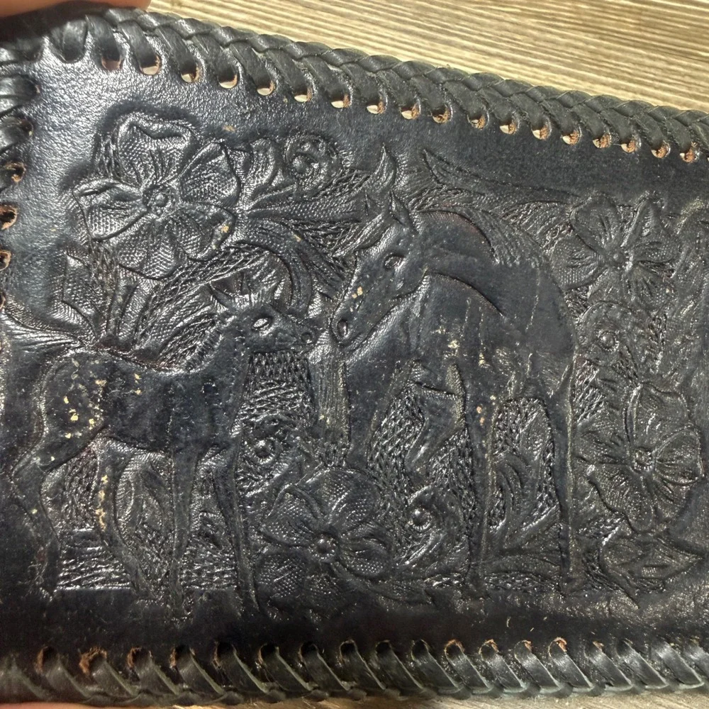 Vintage Tooled Leather Horse Wallet Western Cowboy Black Whipstitch Money Clip